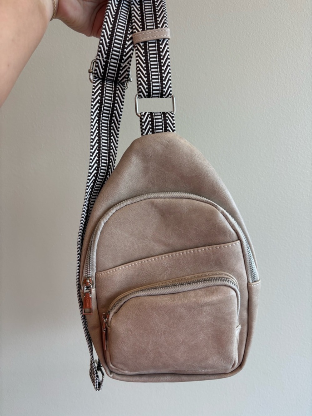 Beige Crossbody Sling Bag with Patterned Strap